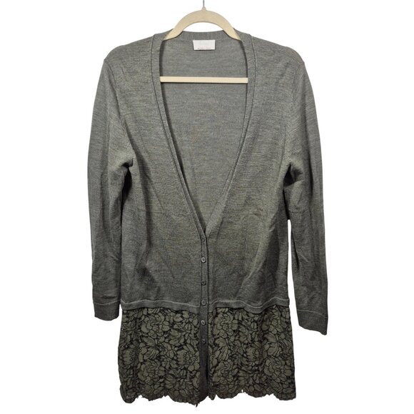 Wrap London Sweater Womens 10 Green Merino Wool Knit Cardigan Floral Lace Trim - Picture 1 of 10